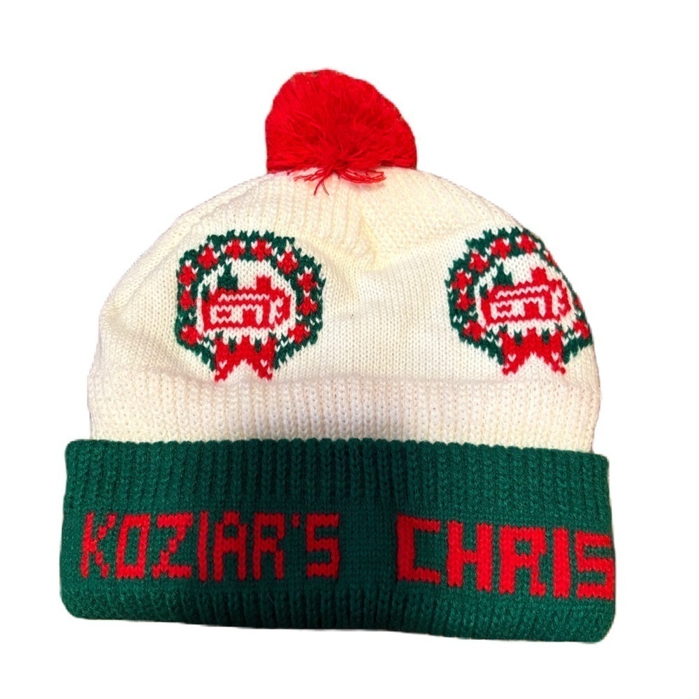 Koziar’s Christmas Village Knit Pom Pom Hat Beanie Red Green Cozy Warm